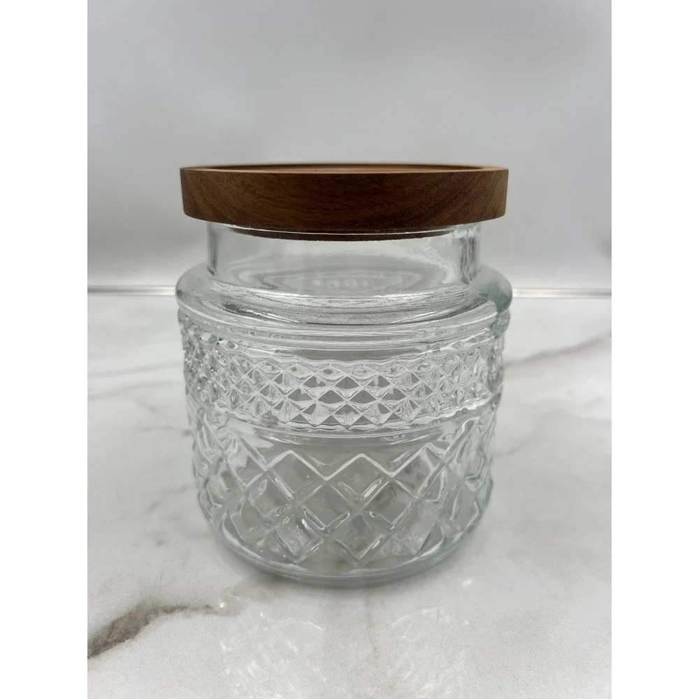 Diamond Pattern Glass Canister with Wood Lid Airtight Storage Jar Clear